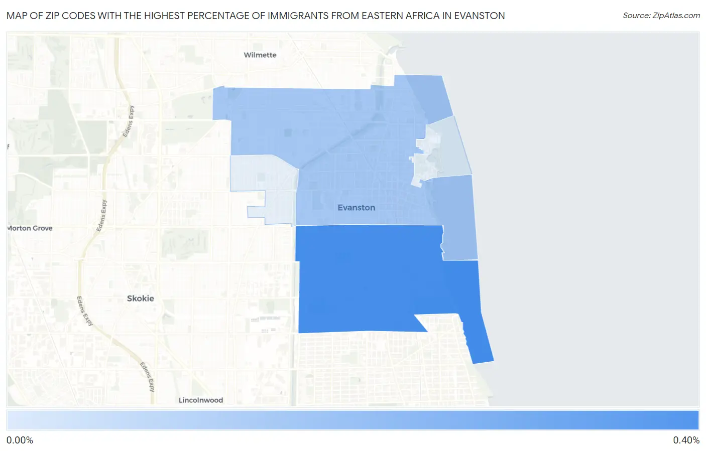 Zip Codes with the Highest Percentage of Immigrants from Eastern Africa in Evanston Map