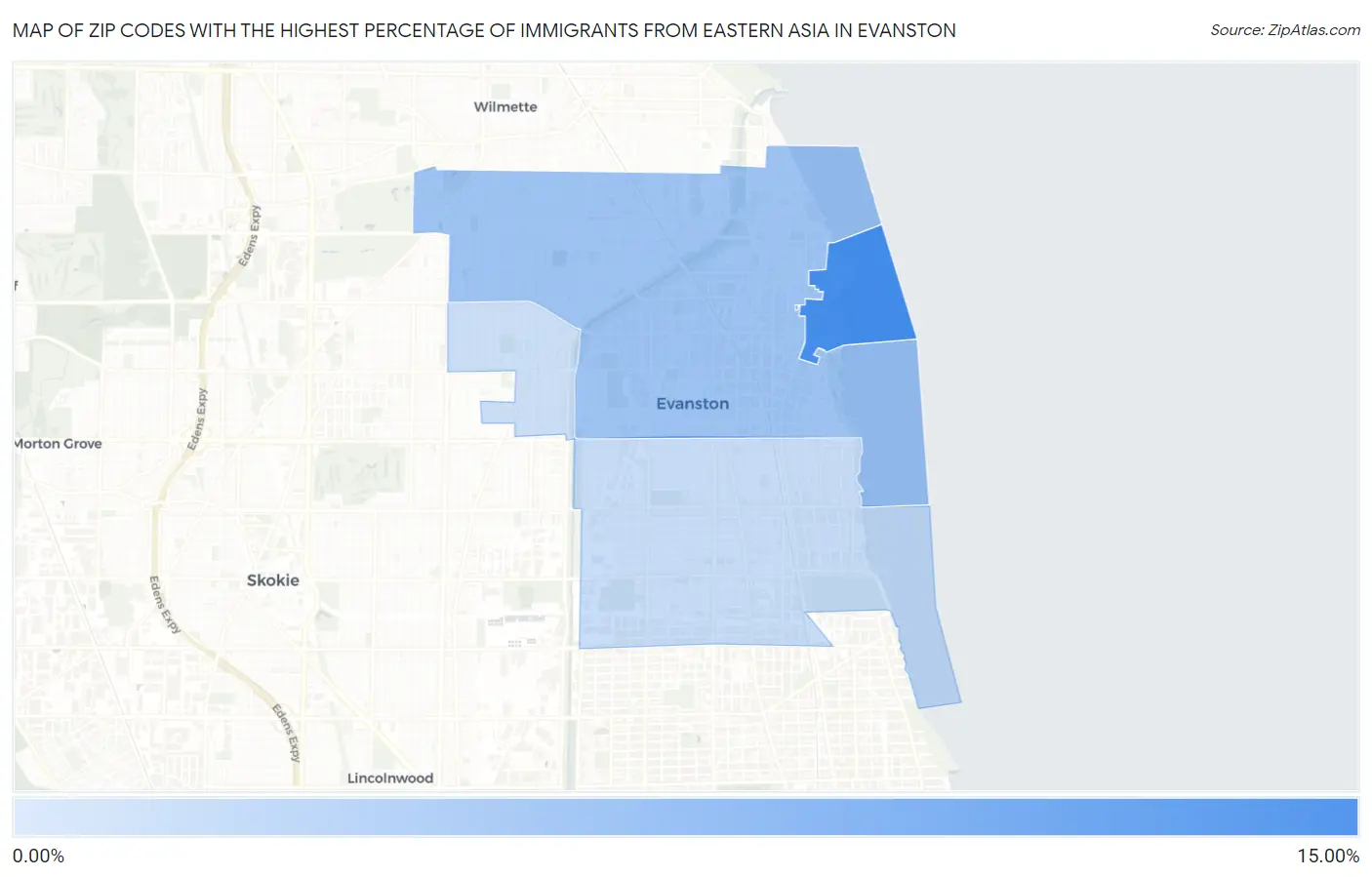Zip Codes with the Highest Percentage of Immigrants from Eastern Asia in Evanston Map