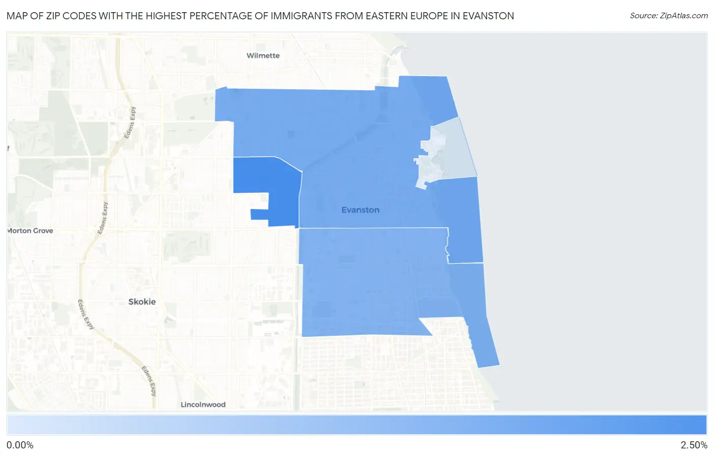 Zip Codes with the Highest Percentage of Immigrants from Eastern Europe in Evanston Map