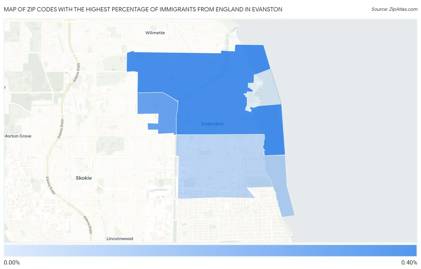 Zip Codes with the Highest Percentage of Immigrants from England in Evanston Map