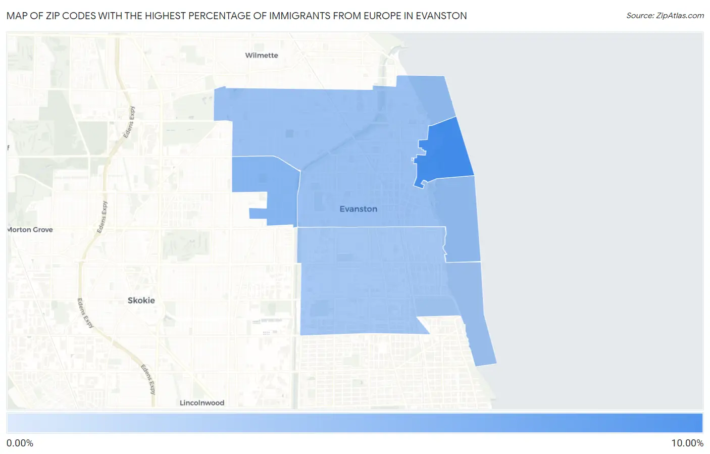 Zip Codes with the Highest Percentage of Immigrants from Europe in Evanston Map
