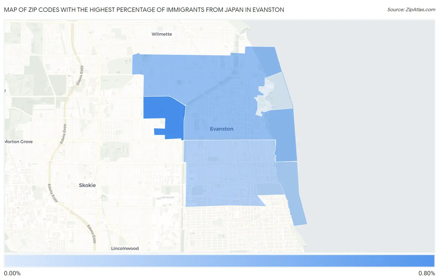 Zip Codes with the Highest Percentage of Immigrants from Japan in Evanston Map
