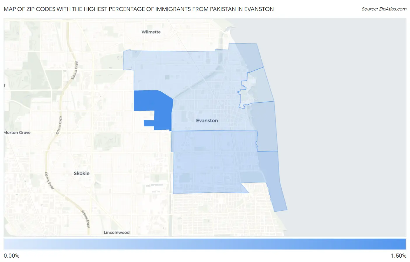Zip Codes with the Highest Percentage of Immigrants from Pakistan in Evanston Map