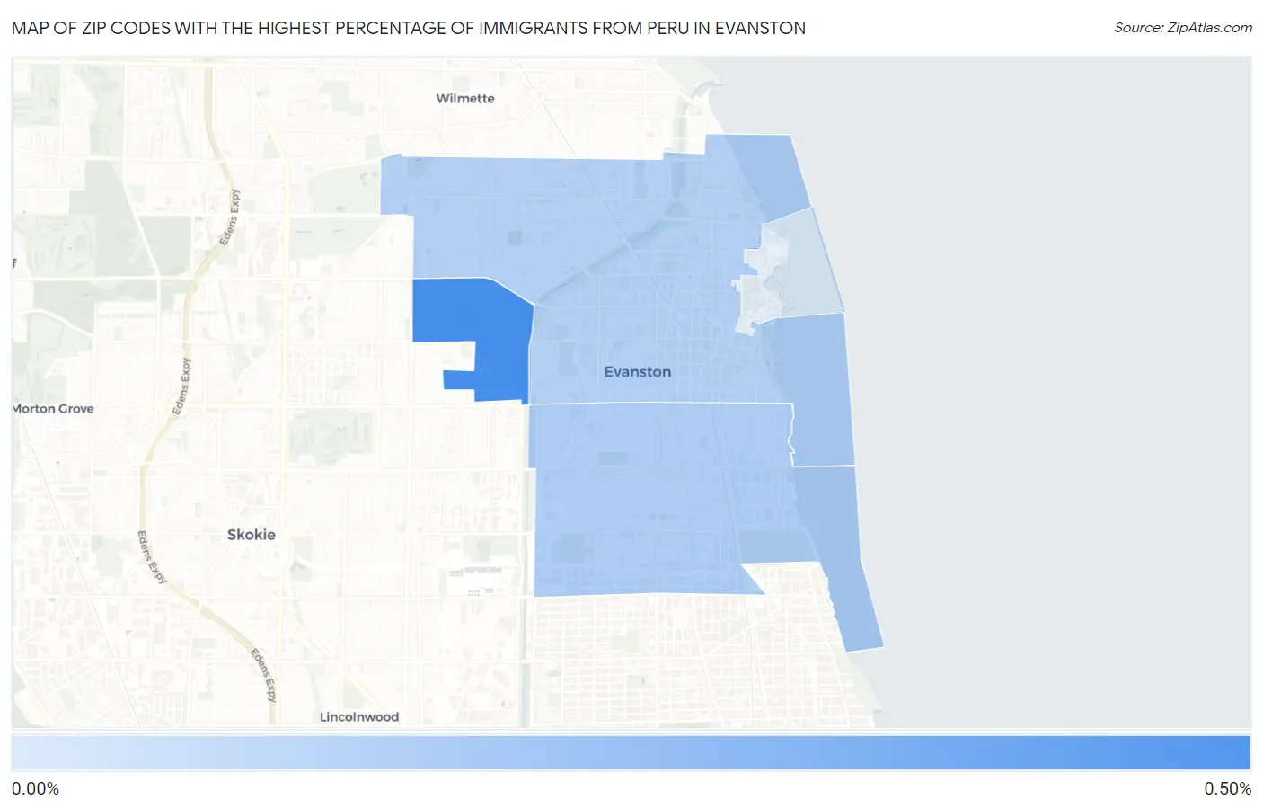 Zip Codes with the Highest Percentage of Immigrants from Peru in Evanston Map