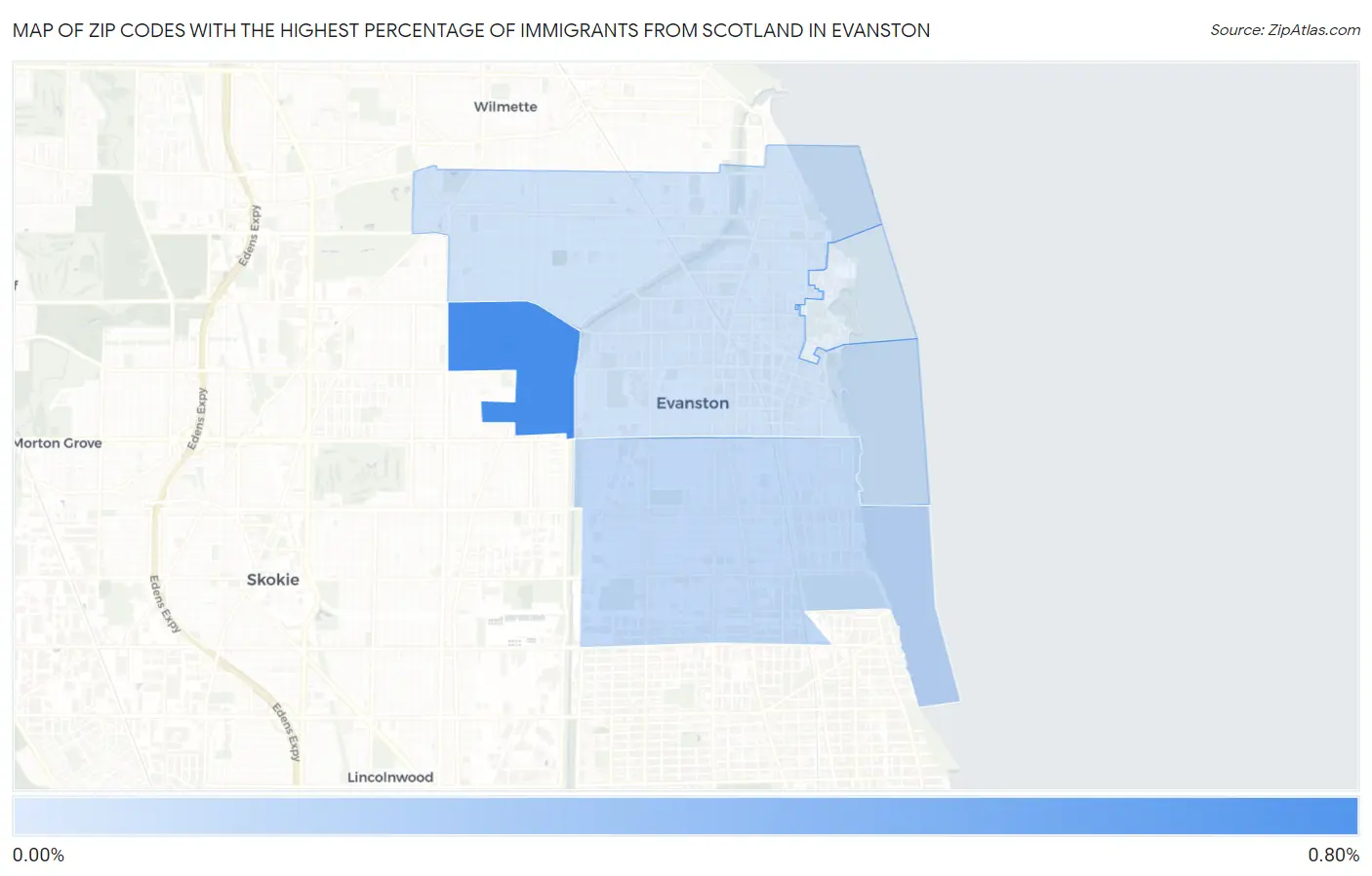 Zip Codes with the Highest Percentage of Immigrants from Scotland in Evanston Map