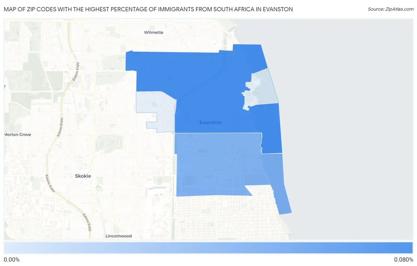 Zip Codes with the Highest Percentage of Immigrants from South Africa in Evanston Map