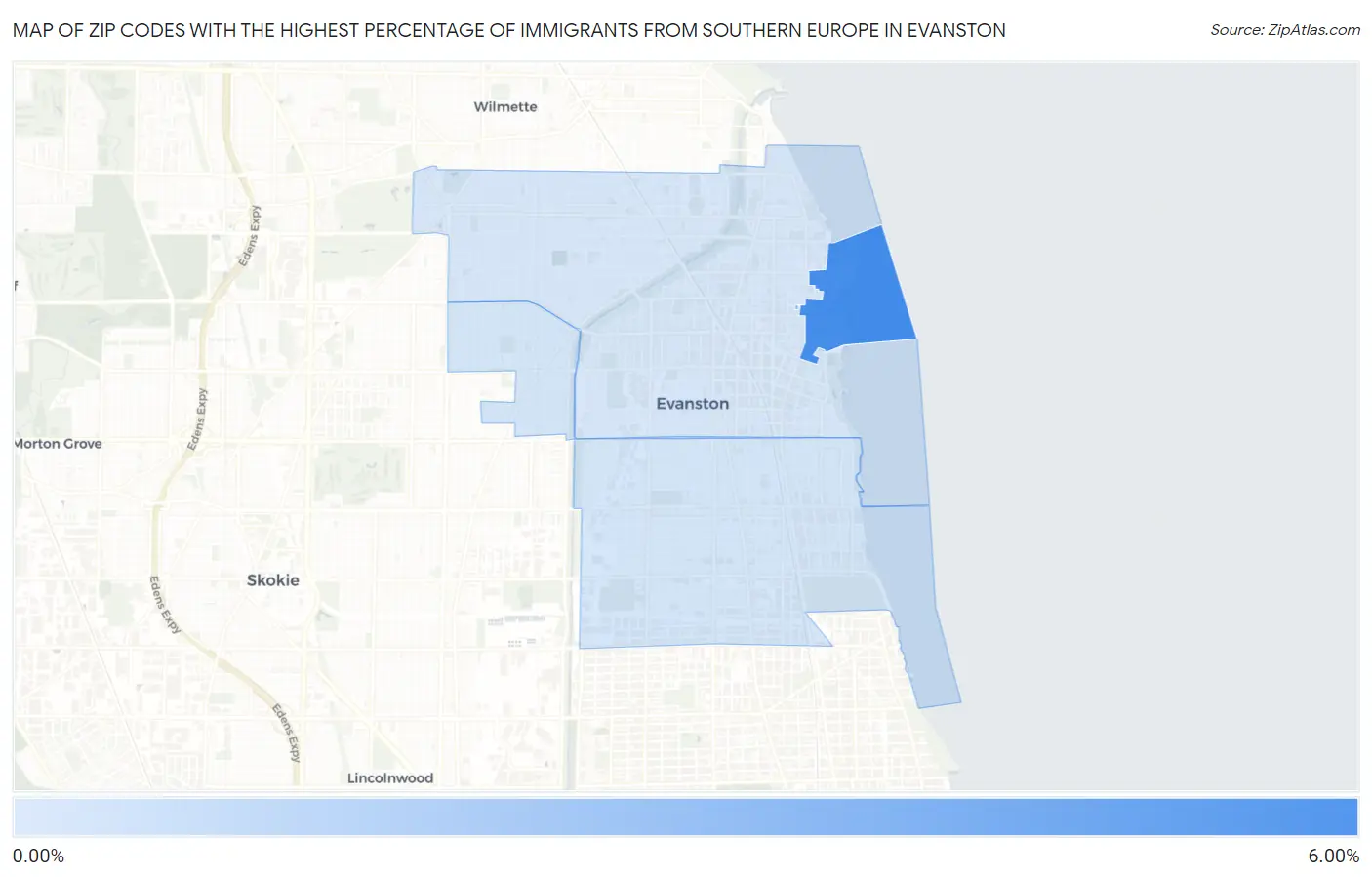 Zip Codes with the Highest Percentage of Immigrants from Southern Europe in Evanston Map