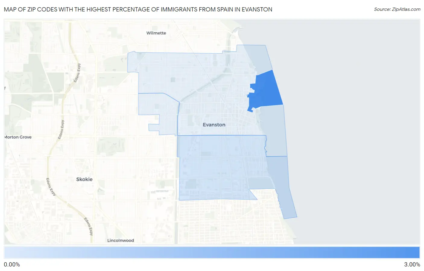 Zip Codes with the Highest Percentage of Immigrants from Spain in Evanston Map
