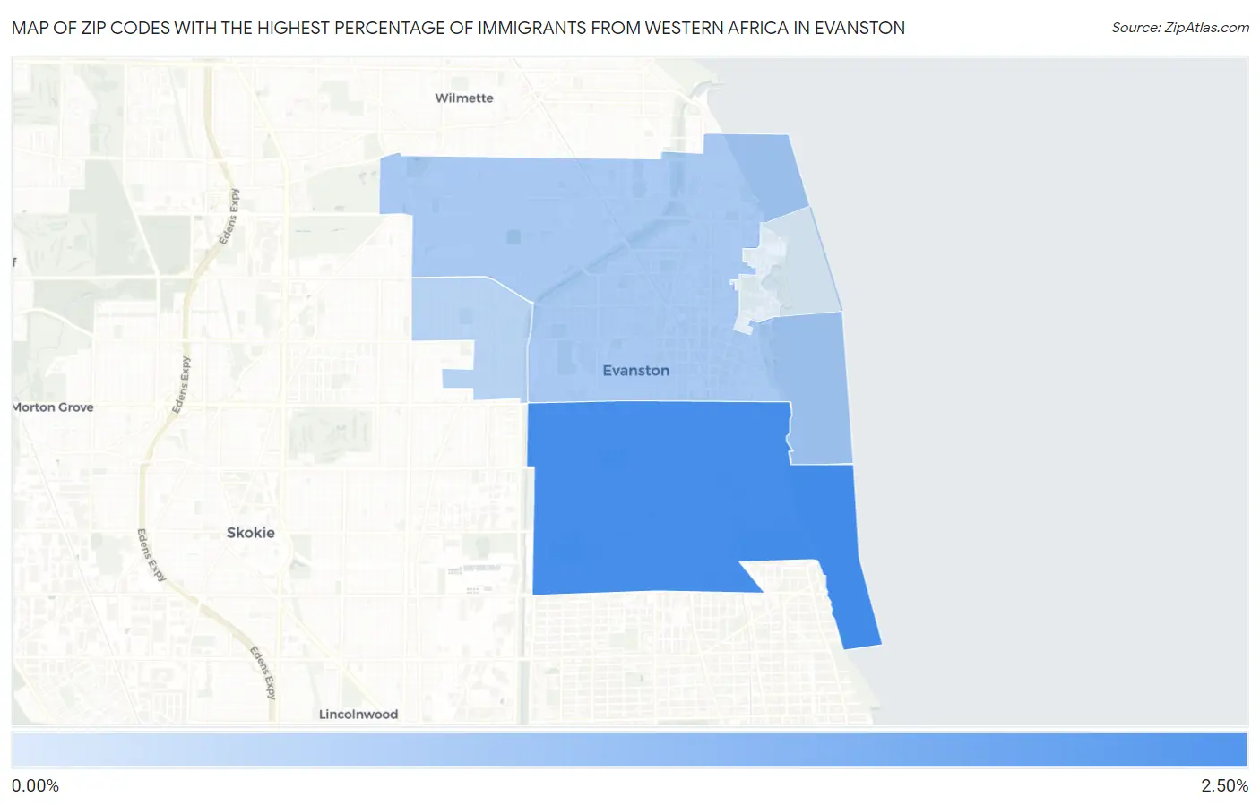 Zip Codes with the Highest Percentage of Immigrants from Western Africa in Evanston Map
