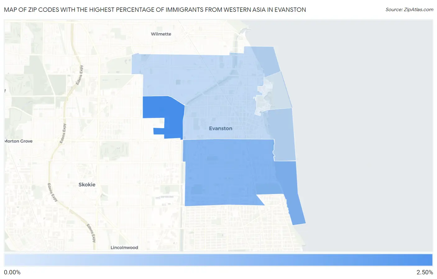 Zip Codes with the Highest Percentage of Immigrants from Western Asia in Evanston Map