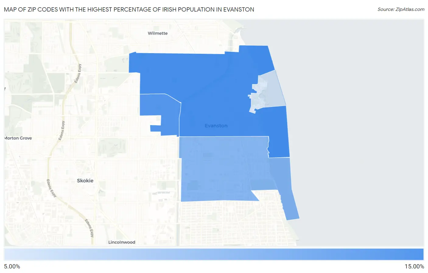 Zip Codes with the Highest Percentage of Irish Population in Evanston Map