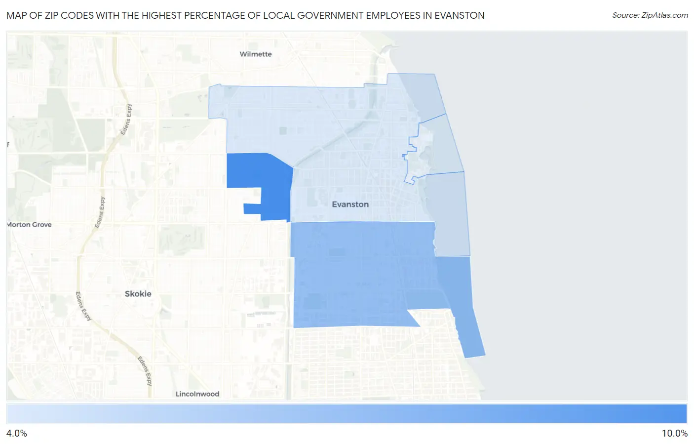 Zip Codes with the Highest Percentage of Local Government Employees in Evanston Map
