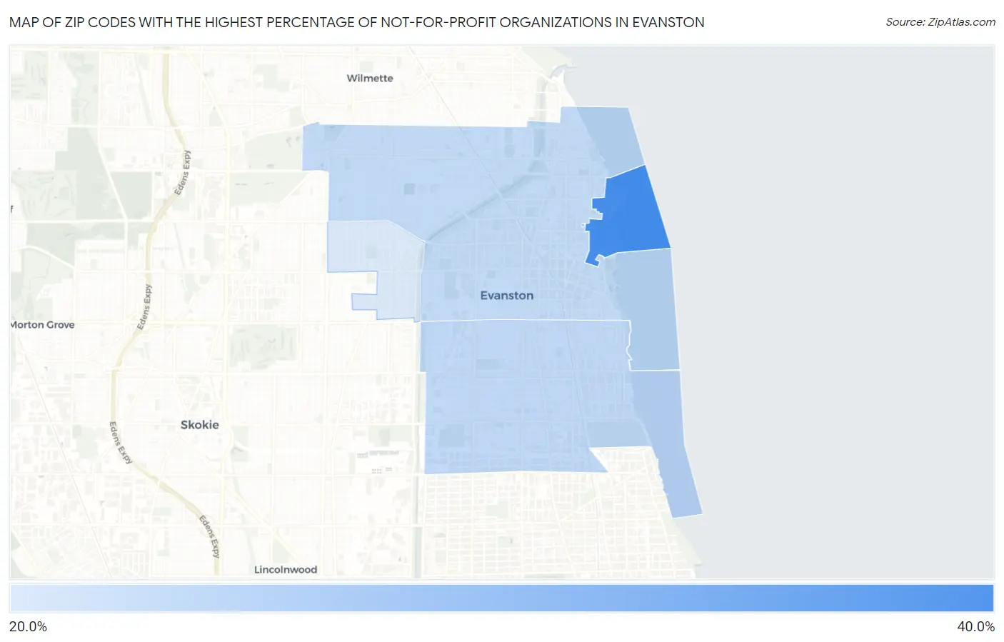 Zip Codes with the Highest Percentage of Not-for-profit Organizations in Evanston Map