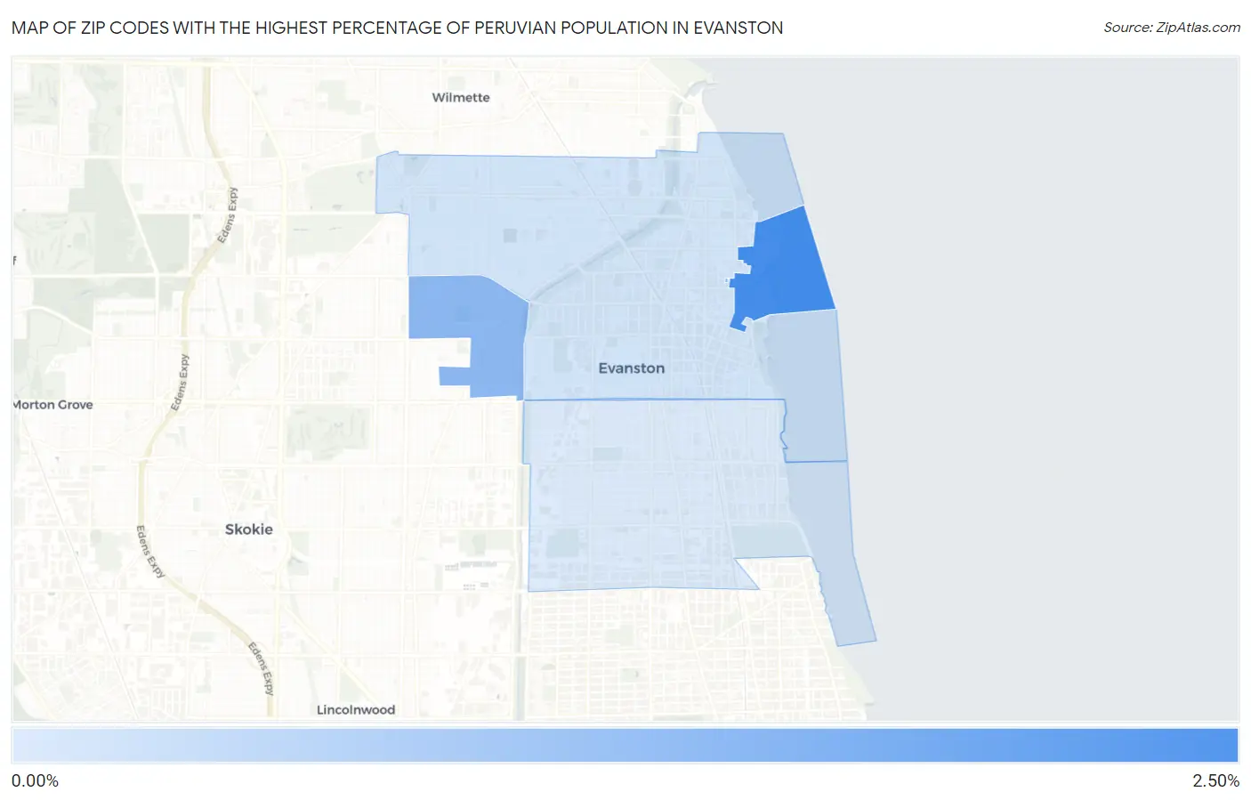 Zip Codes with the Highest Percentage of Peruvian Population in Evanston Map
