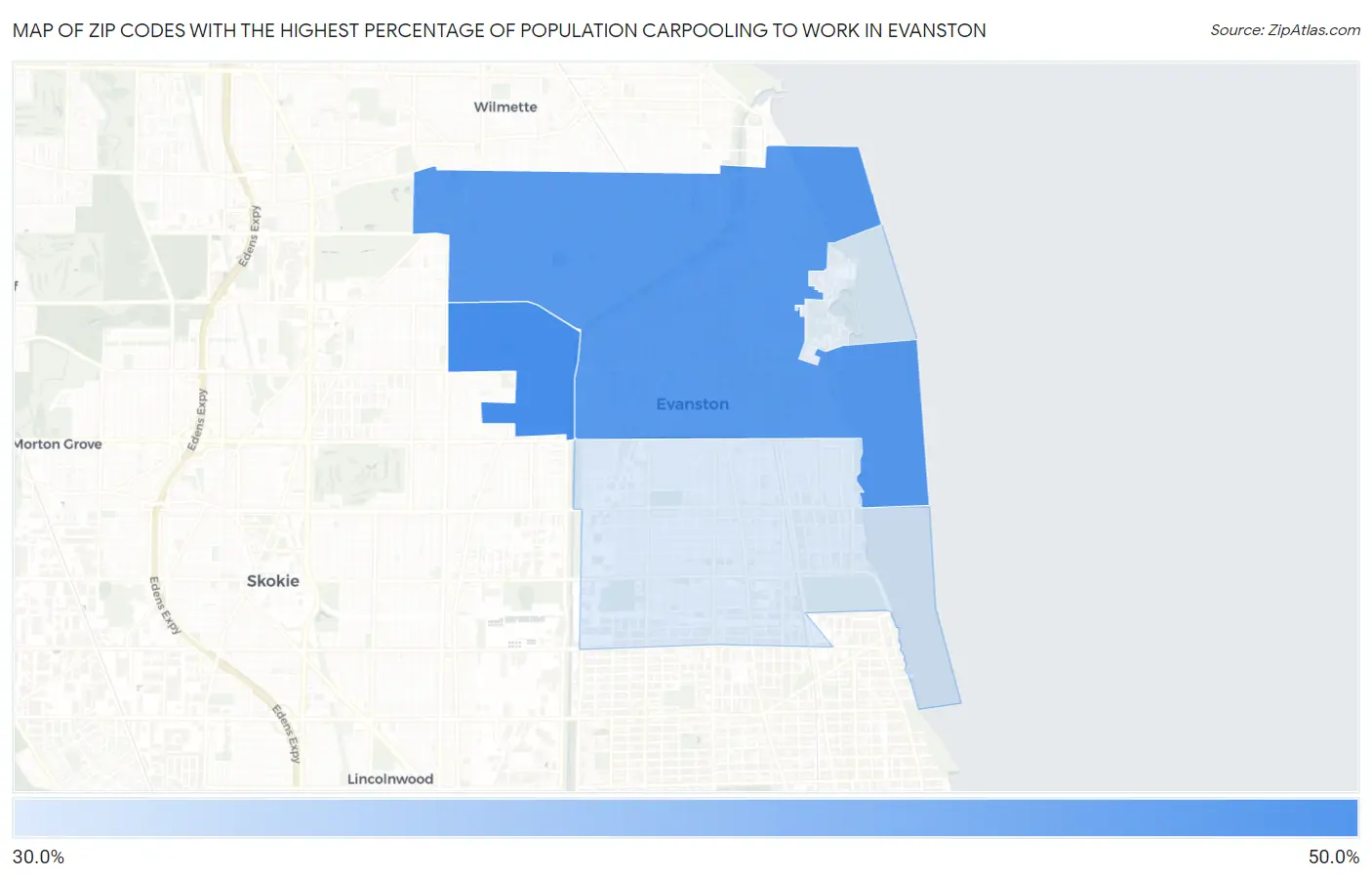 Zip Codes with the Highest Percentage of Population Carpooling to Work in Evanston Map