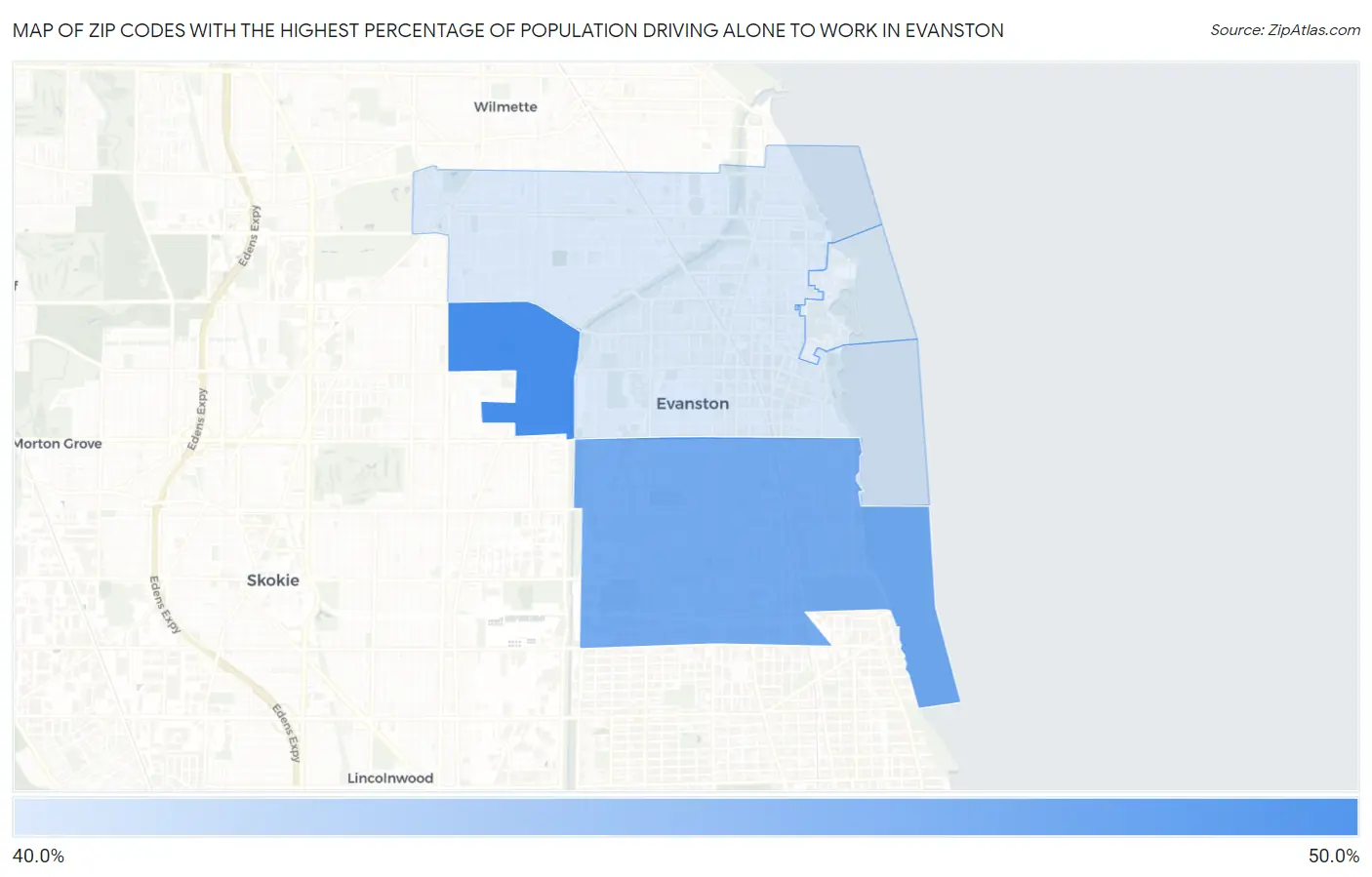 Zip Codes with the Highest Percentage of Population Driving Alone to Work in Evanston Map