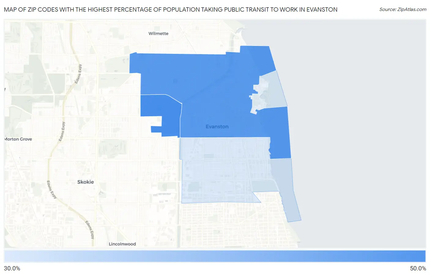 Zip Codes with the Highest Percentage of Population Taking Public Transit to Work in Evanston Map