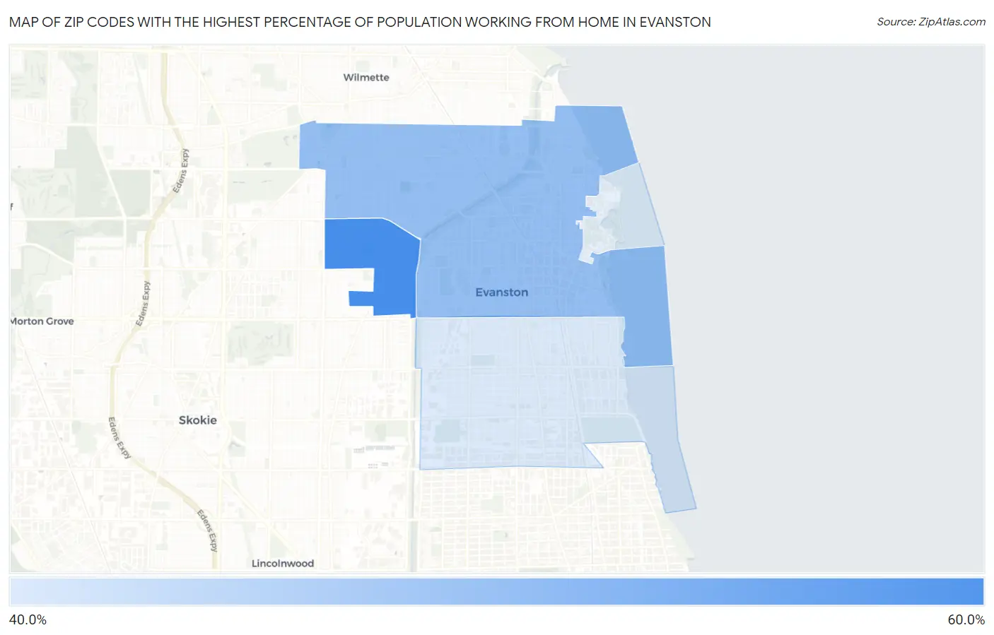 Zip Codes with the Highest Percentage of Population Working from Home in Evanston Map