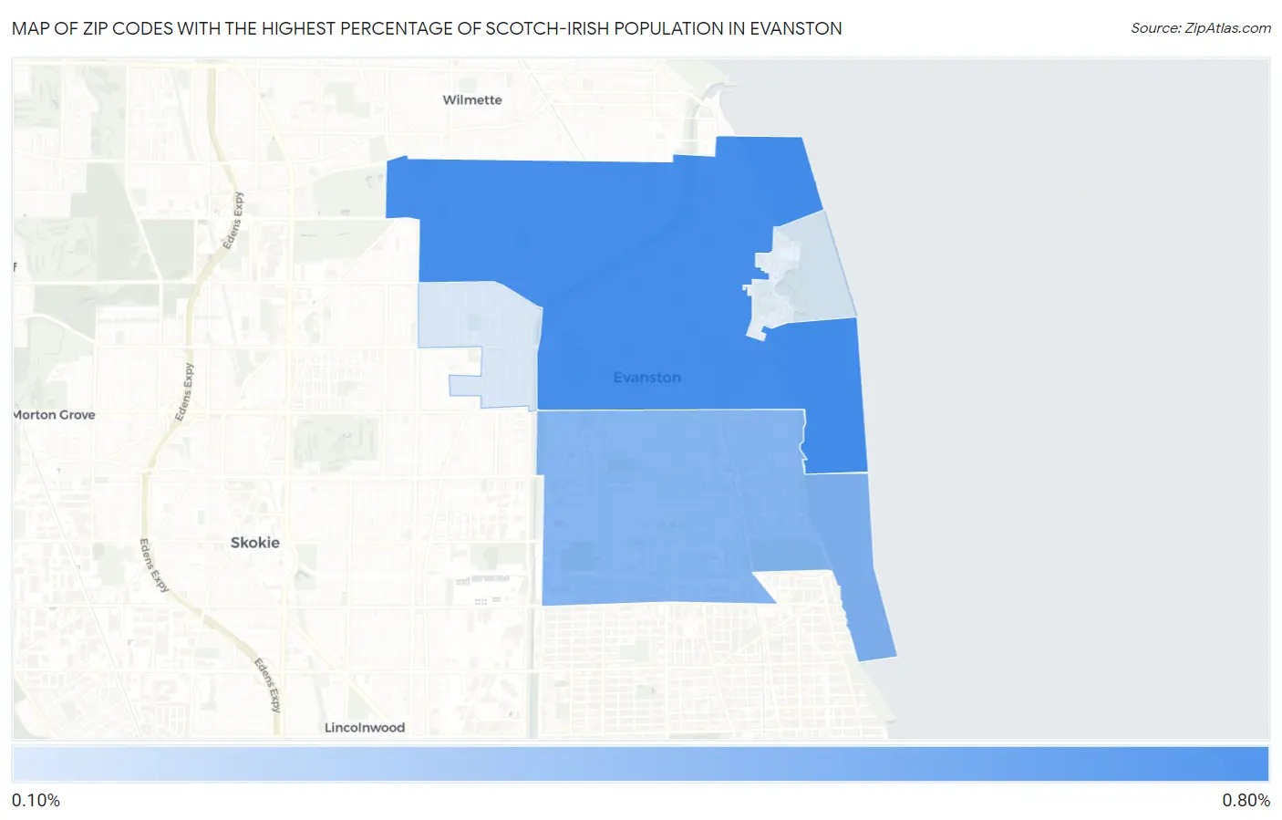 Zip Codes with the Highest Percentage of Scotch-Irish Population in Evanston Map