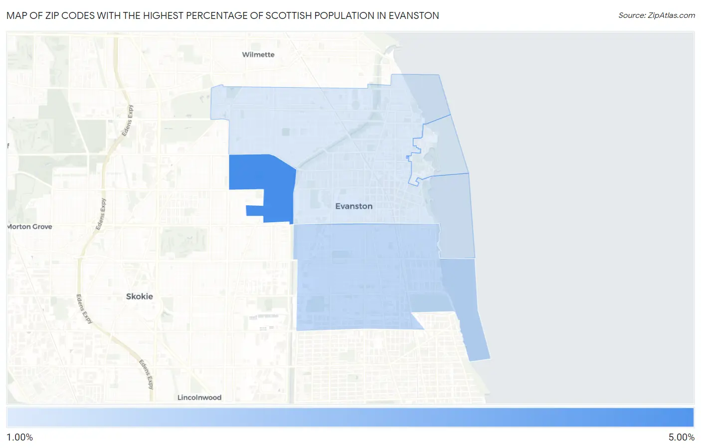 Zip Codes with the Highest Percentage of Scottish Population in Evanston Map