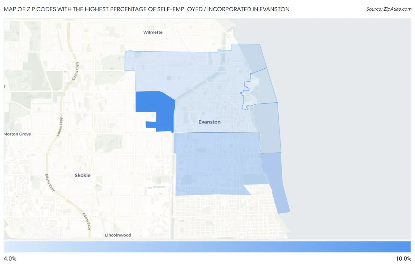 Zip Codes with the Highest Percentage of Self-Employed / Incorporated in Evanston Map