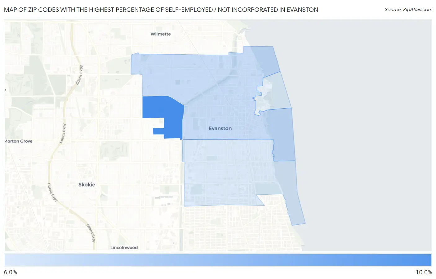 Zip Codes with the Highest Percentage of Self-Employed / Not Incorporated in Evanston Map