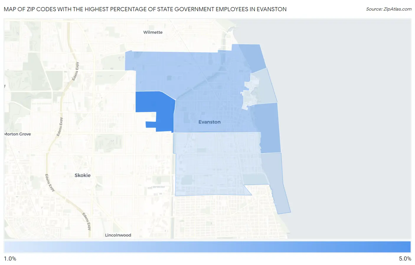 Zip Codes with the Highest Percentage of State Government Employees in Evanston Map