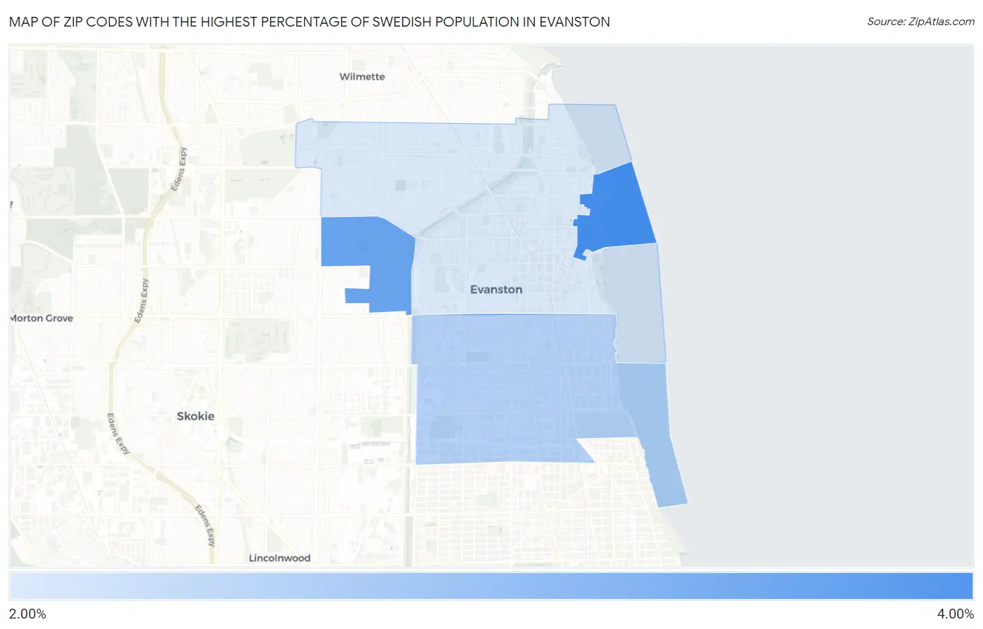 Zip Codes with the Highest Percentage of Swedish Population in Evanston Map