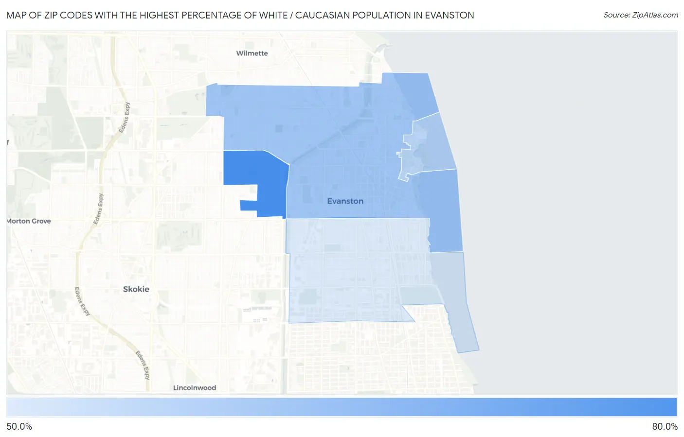 Zip Codes with the Highest Percentage of White / Caucasian Population in Evanston Map