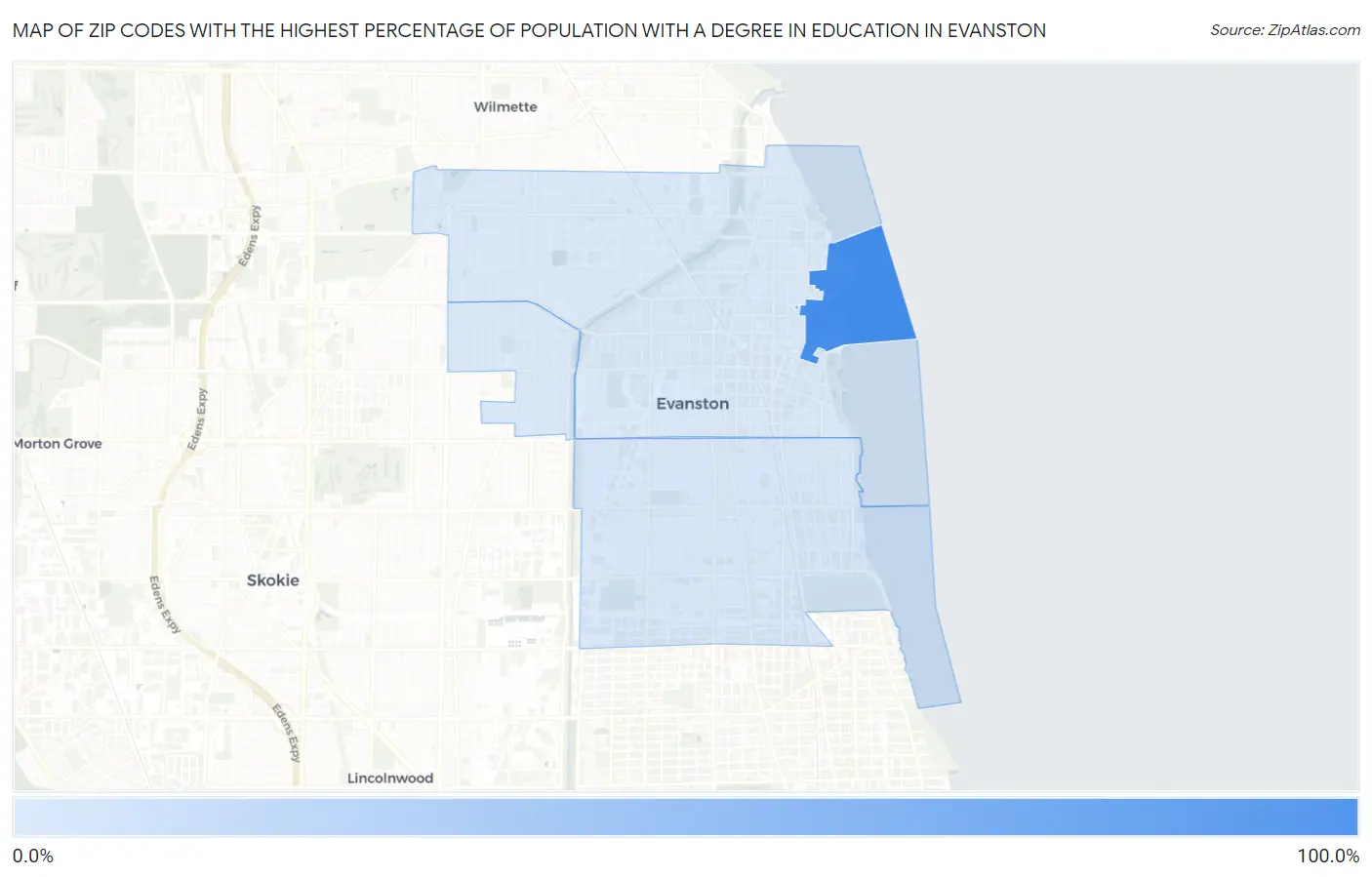 Zip Codes with the Highest Percentage of Population with a Degree in Education in Evanston Map