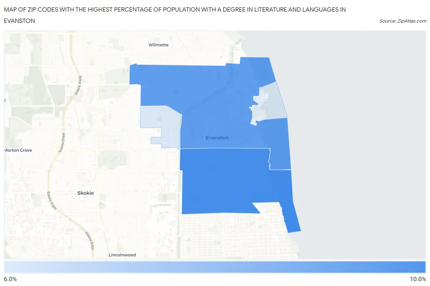 Zip Codes with the Highest Percentage of Population with a Degree in Literature and Languages in Evanston Map