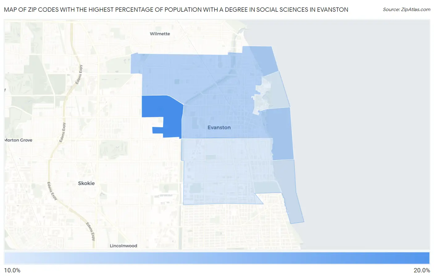 Zip Codes with the Highest Percentage of Population with a Degree in Social Sciences in Evanston Map