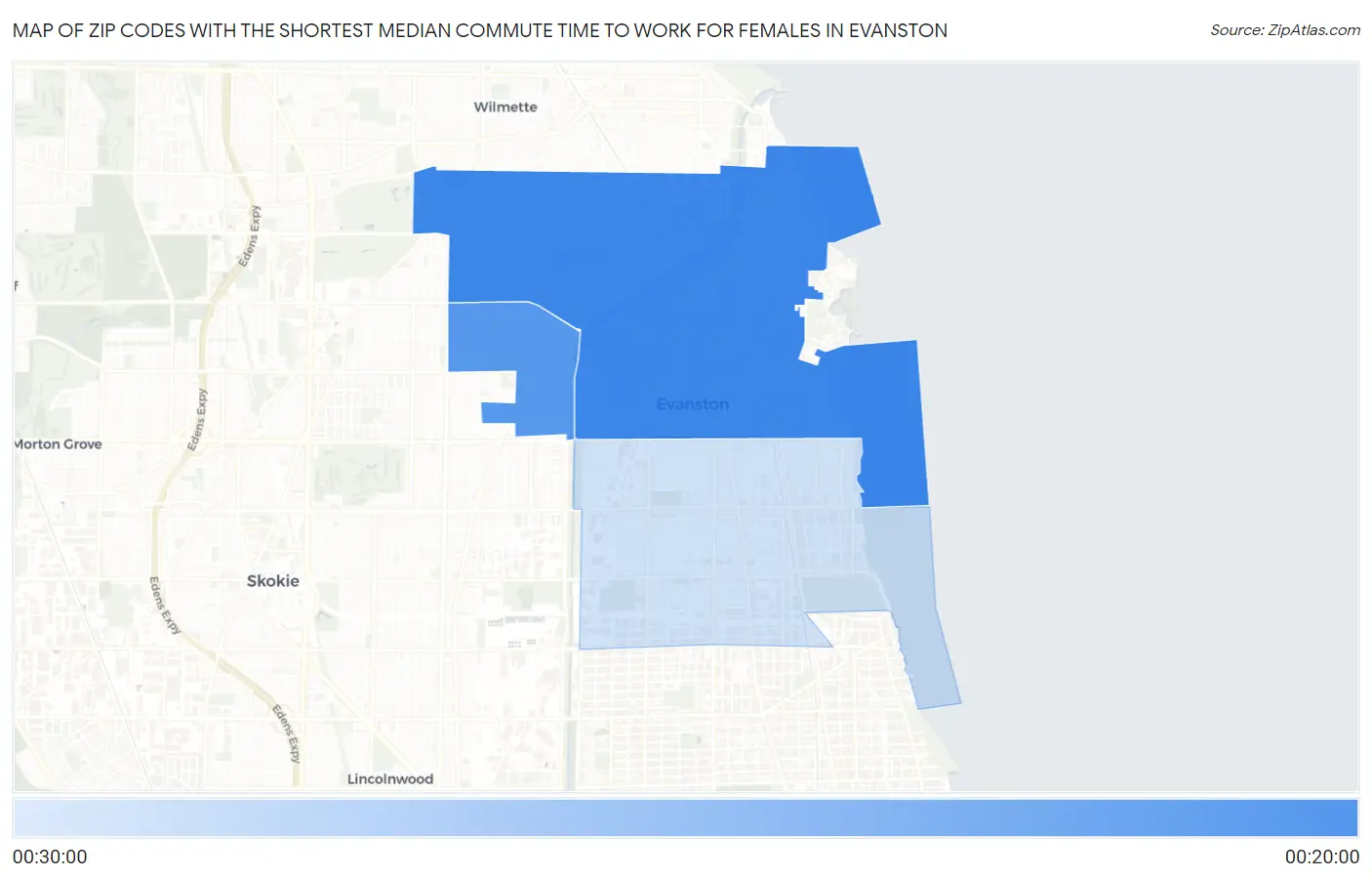 Zip Codes with the Shortest Median Commute Time to Work for Females in Evanston Map