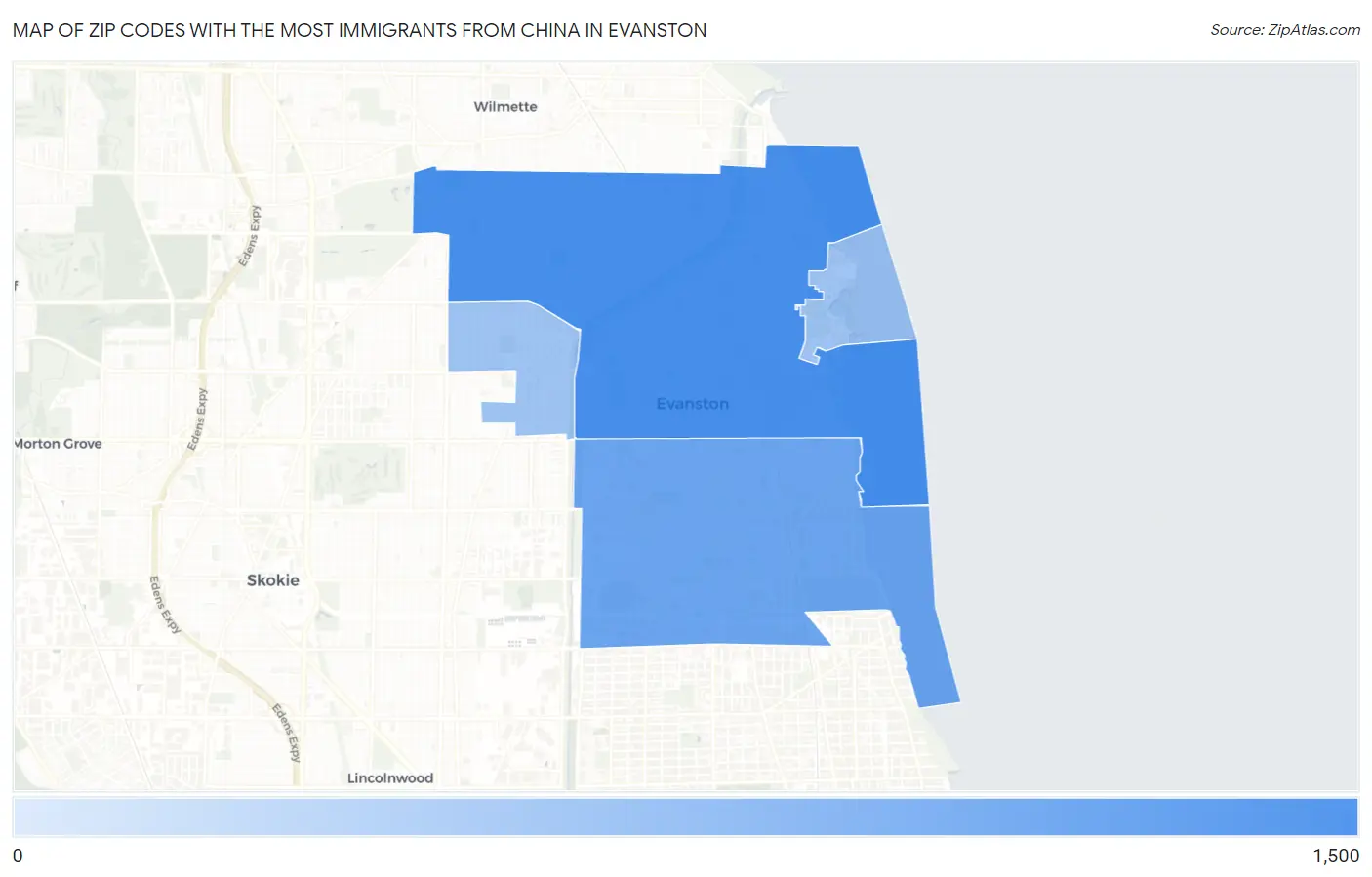 Zip Codes with the Most Immigrants from China in Evanston Map