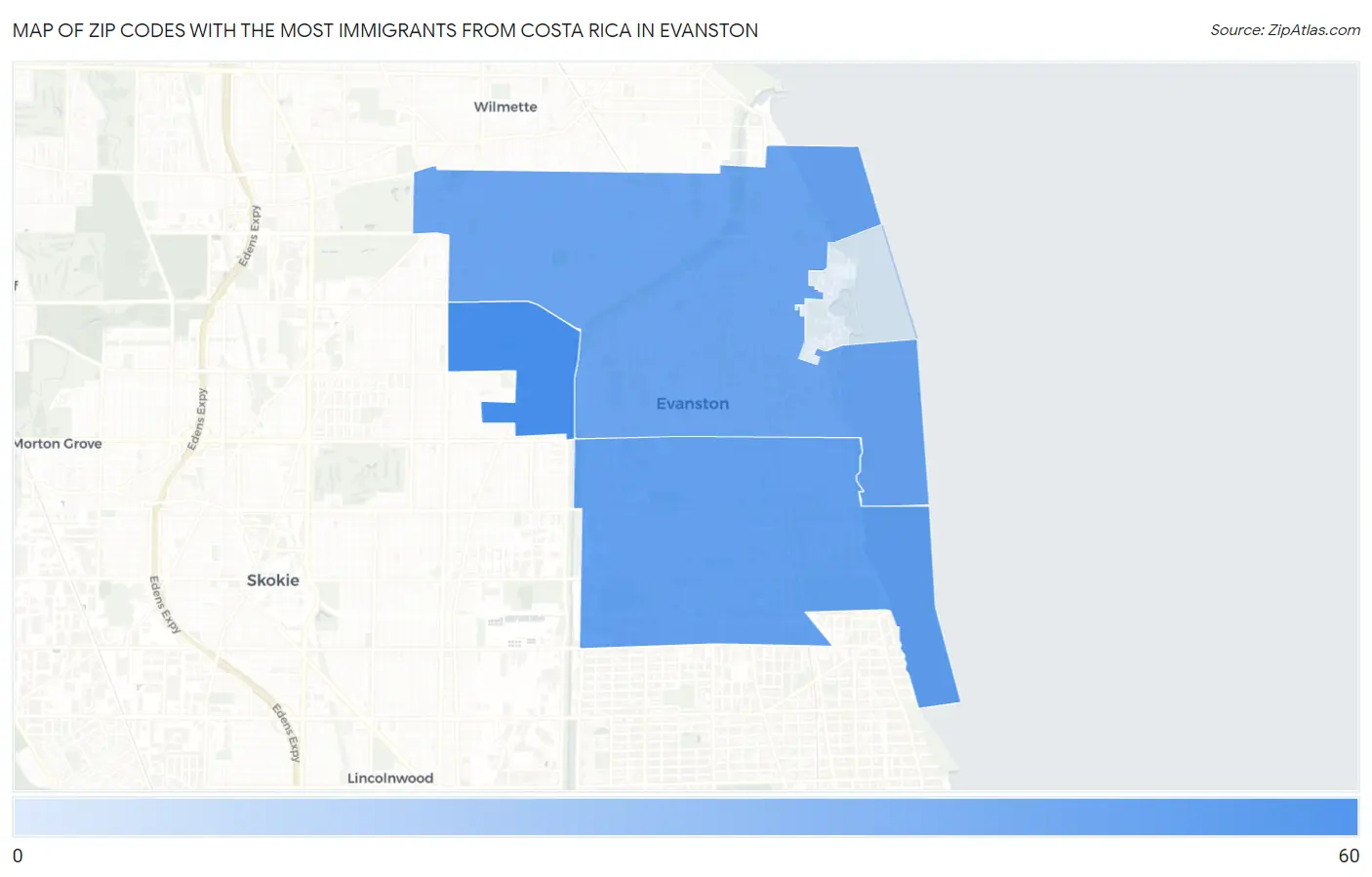 Zip Codes with the Most Immigrants from Costa Rica in Evanston Map