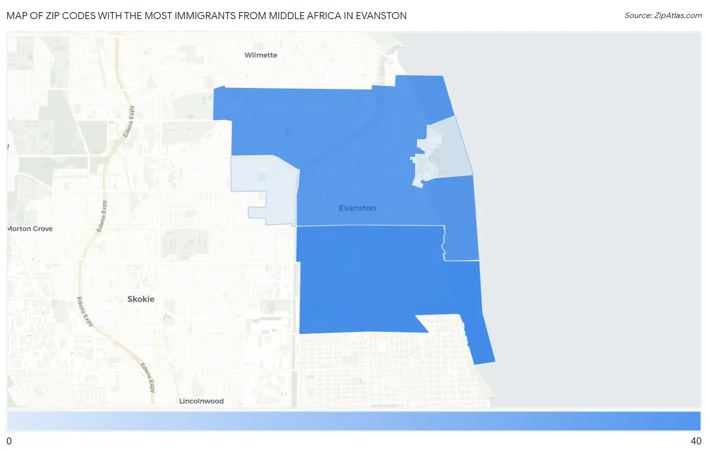 Zip Codes with the Most Immigrants from Middle Africa in Evanston Map
