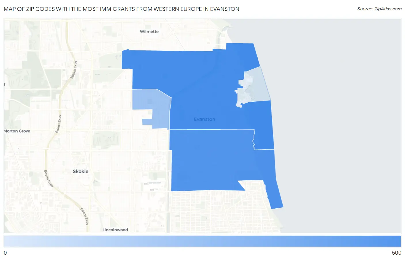 Zip Codes with the Most Immigrants from Western Europe in Evanston Map