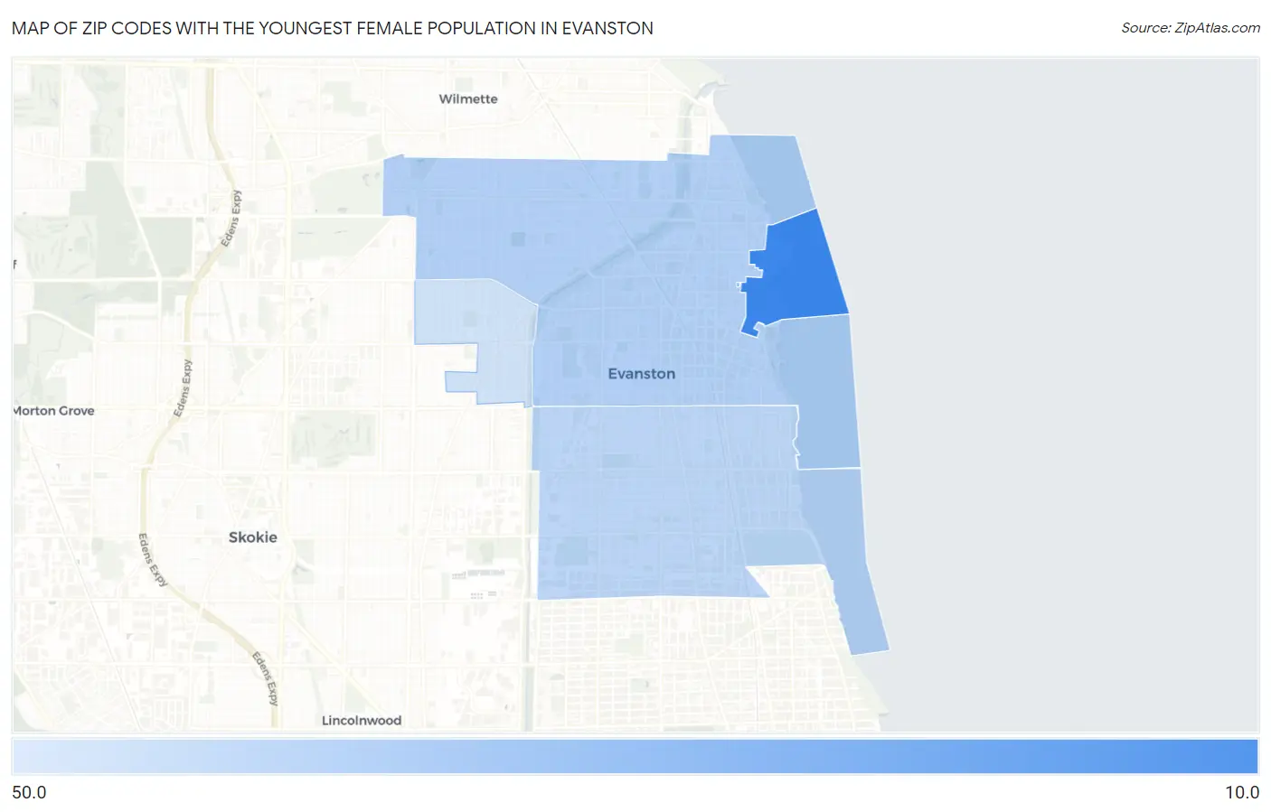 Zip Codes with the Youngest Female Population in Evanston Map