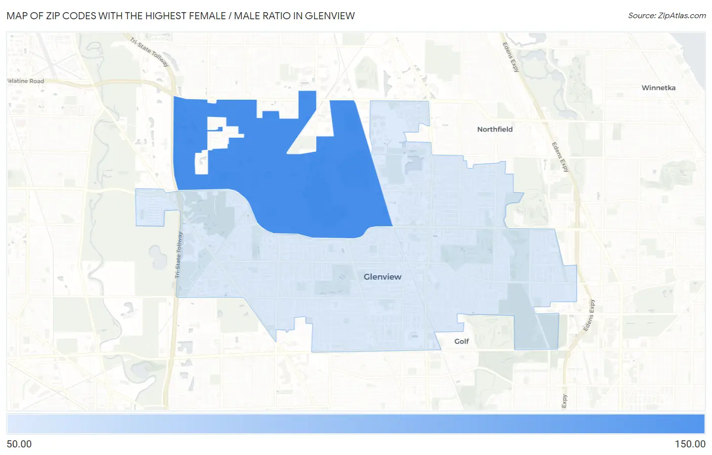 Zip Codes with the Highest Female / Male Ratio in Glenview Map