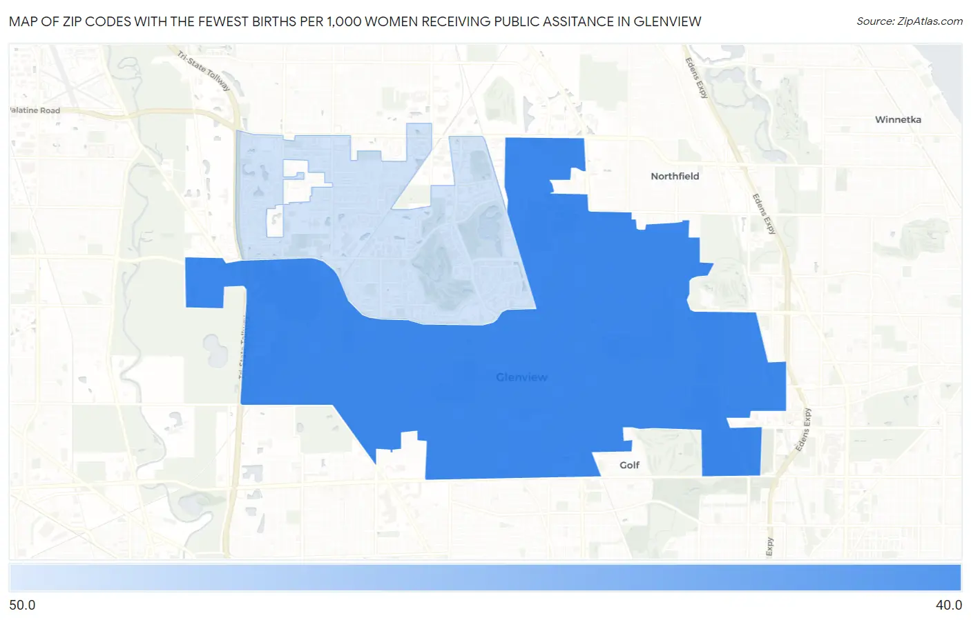 Zip Codes with the Fewest Births per 1,000 Women Receiving Public Assitance in Glenview Map