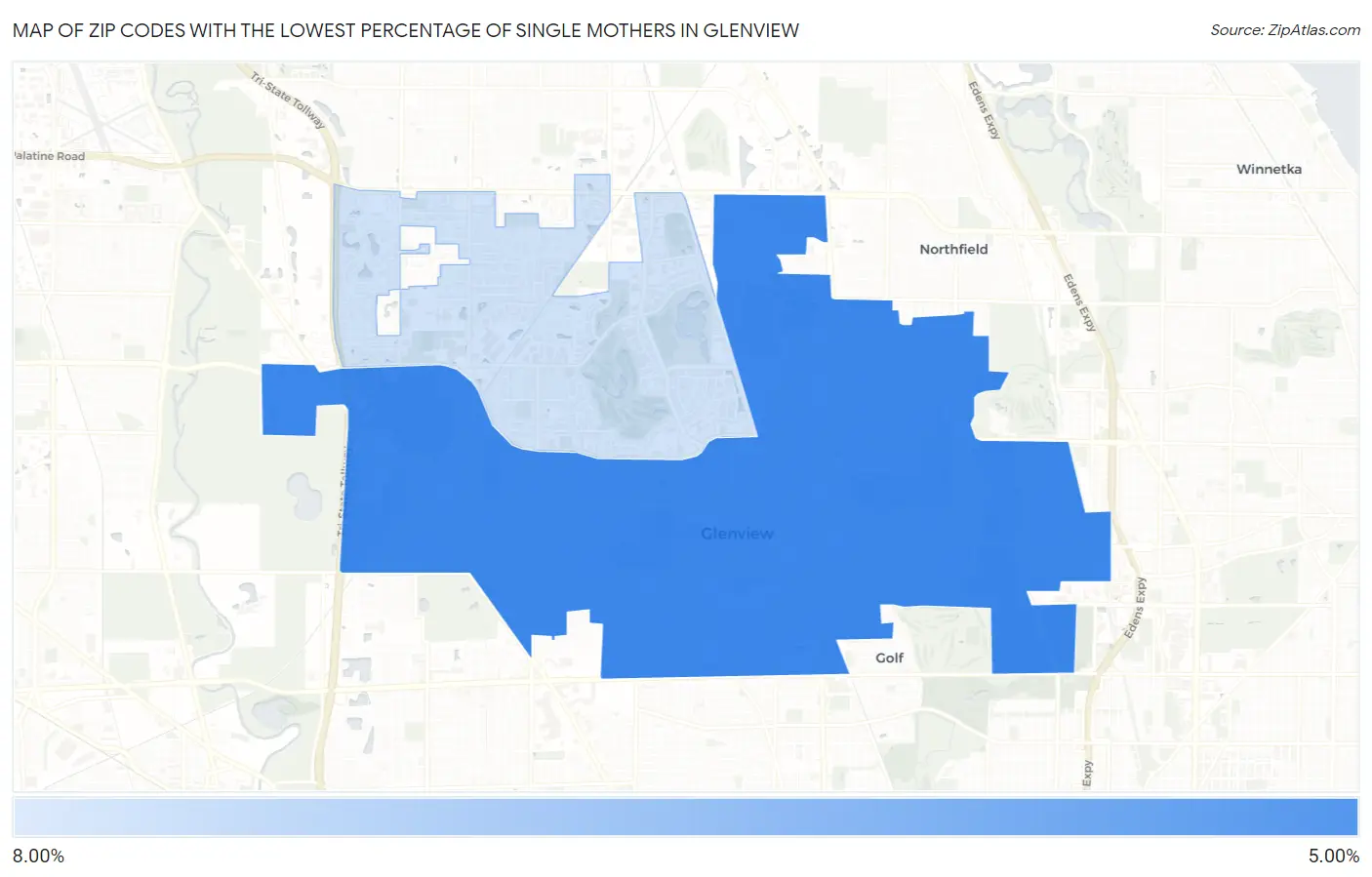 Zip Codes with the Lowest Percentage of Single Mothers in Glenview Map