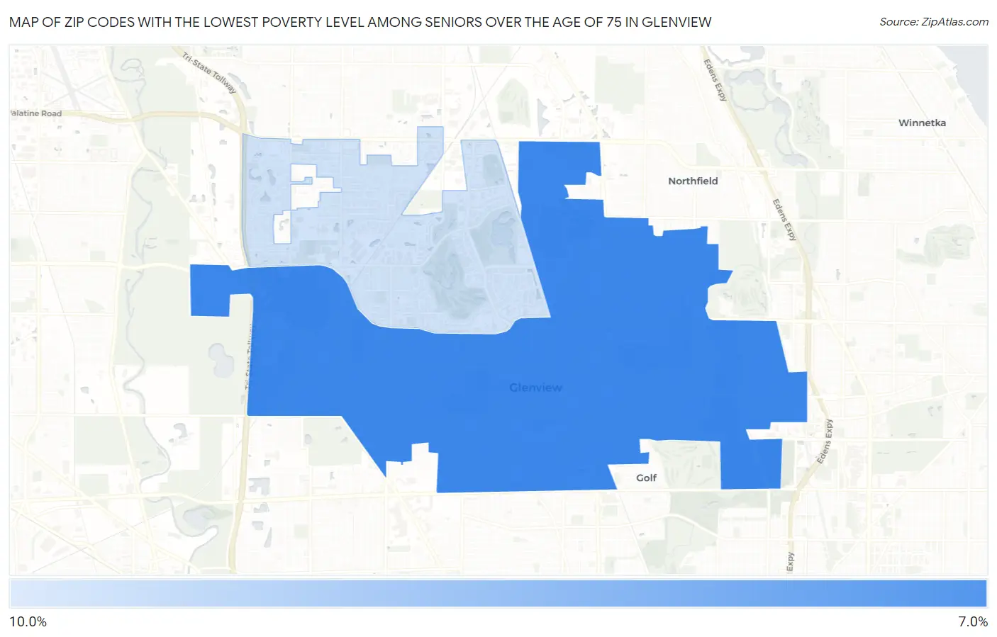 Zip Codes with the Lowest Poverty Level Among Seniors Over the Age of 75 in Glenview Map