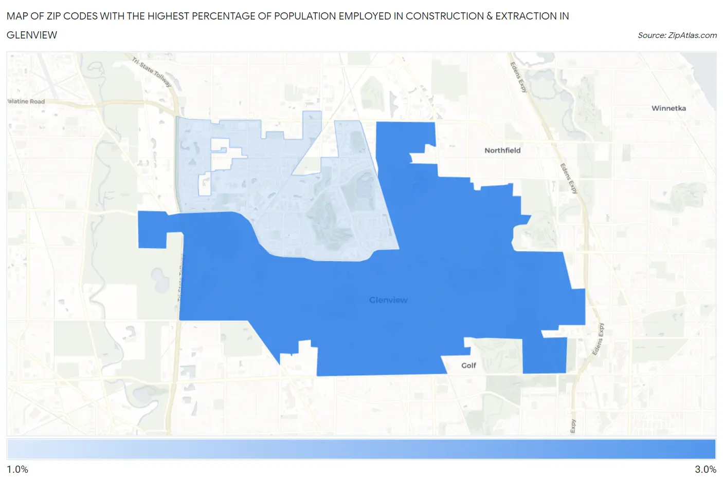 Zip Codes with the Highest Percentage of Population Employed in Construction & Extraction in Glenview Map