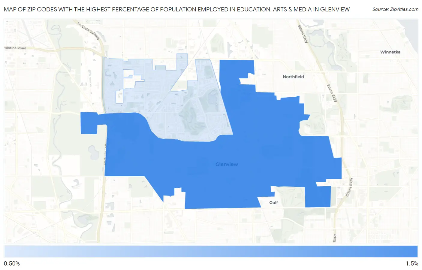 Zip Codes with the Highest Percentage of Population Employed in Education, Arts & Media in Glenview Map