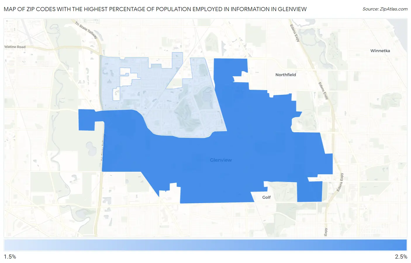 Zip Codes with the Highest Percentage of Population Employed in Information in Glenview Map