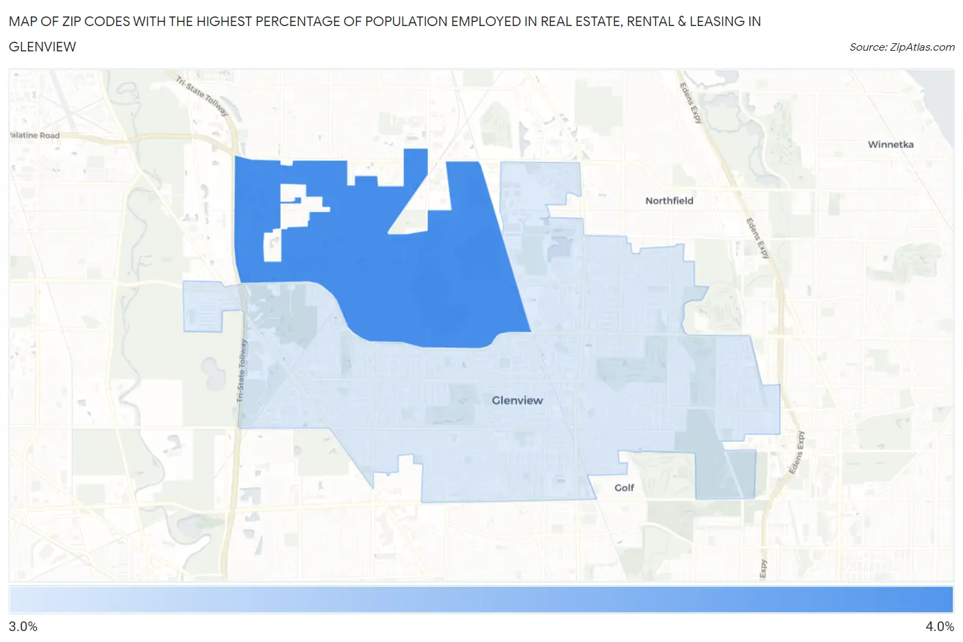 Zip Codes with the Highest Percentage of Population Employed in Real Estate, Rental & Leasing in Glenview Map