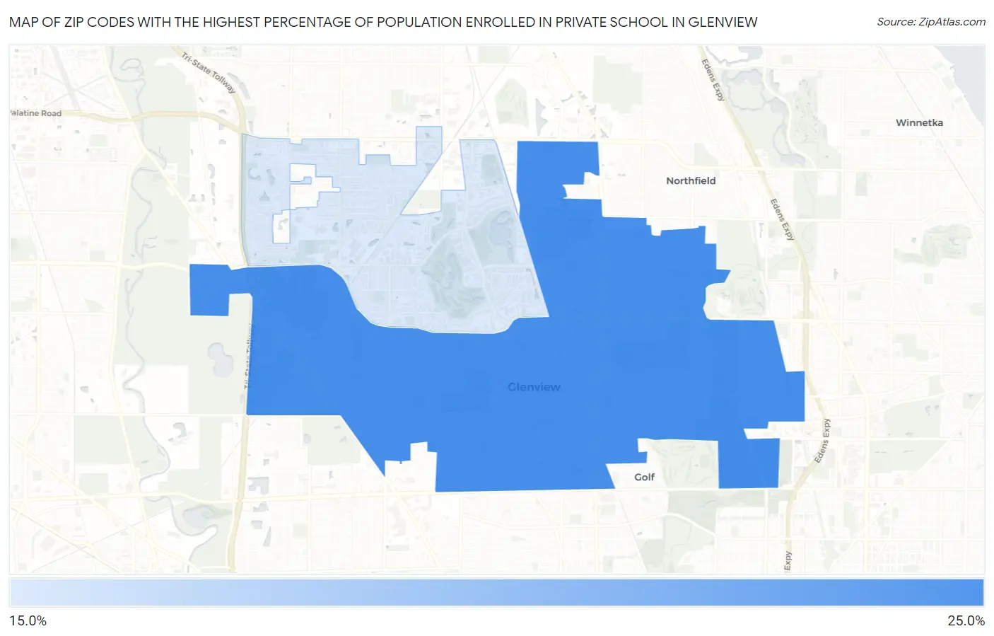 Zip Codes with the Highest Percentage of Population Enrolled in Private School in Glenview Map