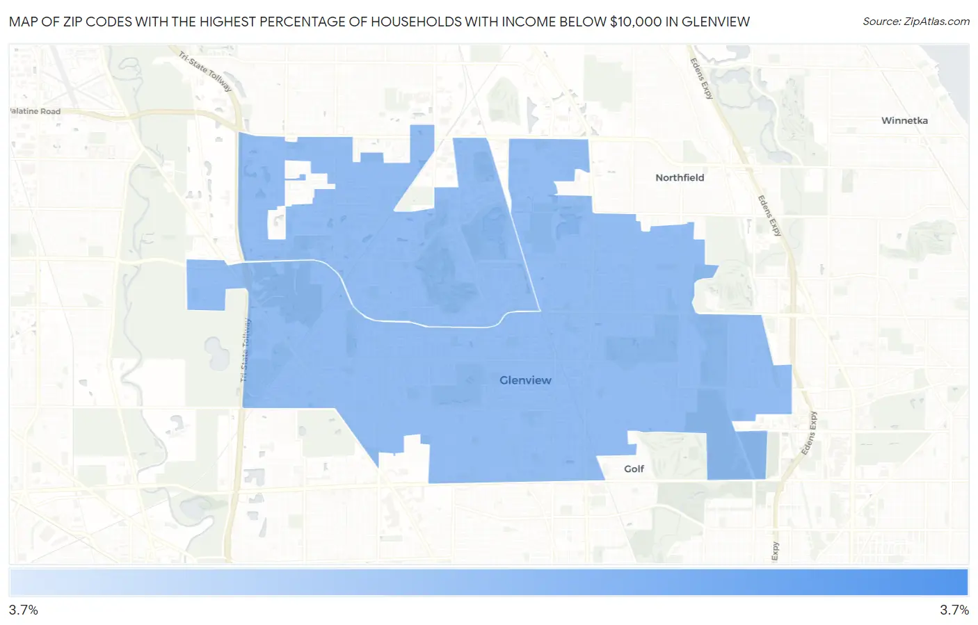 Zip Codes with the Highest Percentage of Households with Income Below $10,000 in Glenview Map