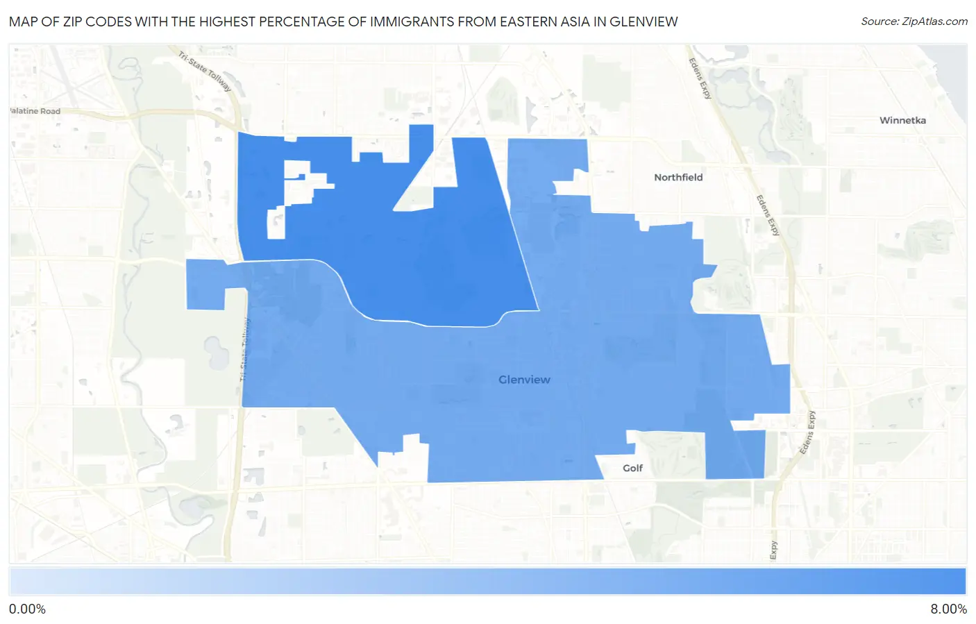Zip Codes with the Highest Percentage of Immigrants from Eastern Asia in Glenview Map