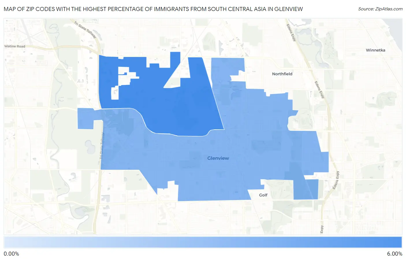 Zip Codes with the Highest Percentage of Immigrants from South Central Asia in Glenview Map